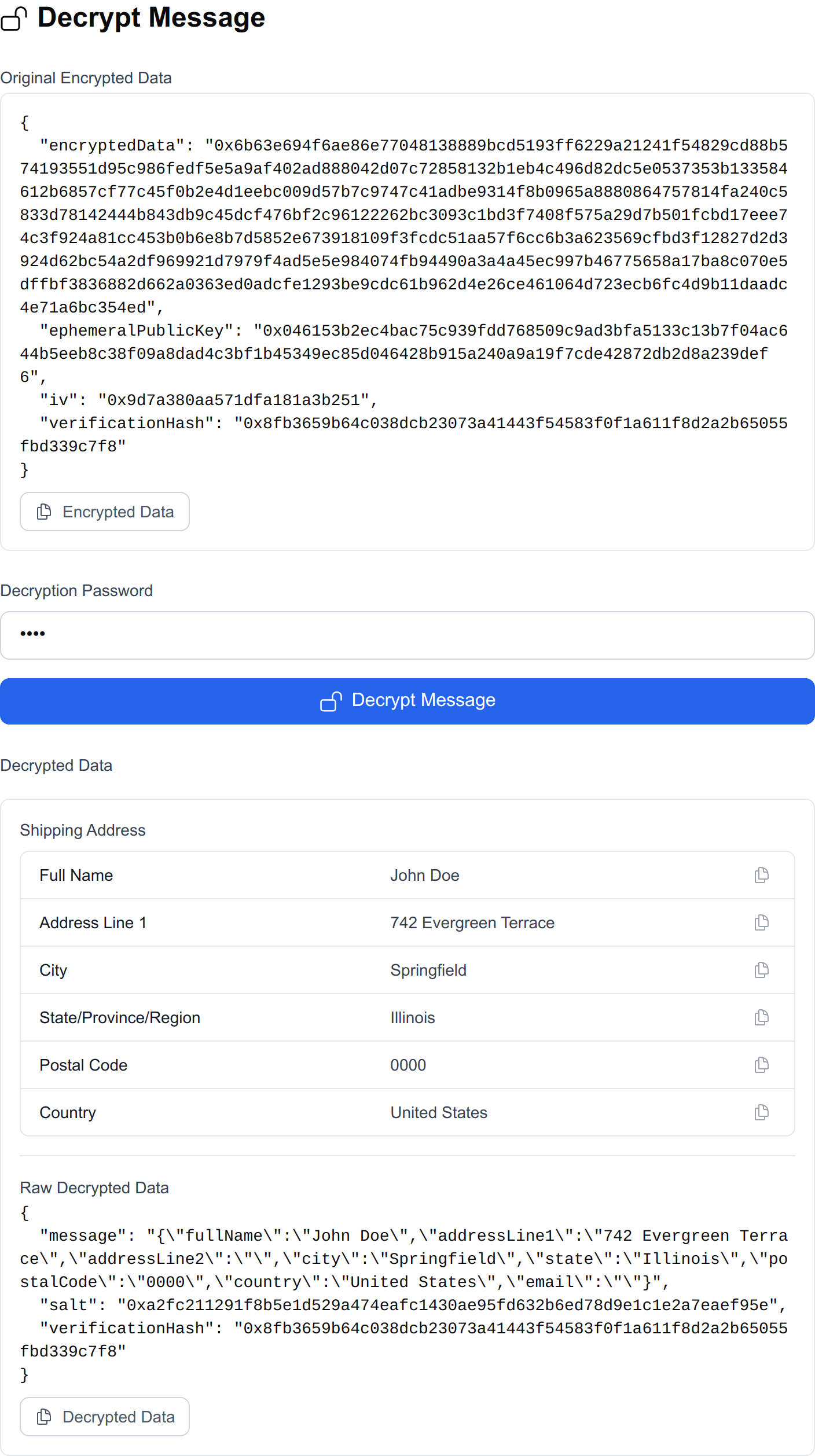 A screenshot of the decrypted message
