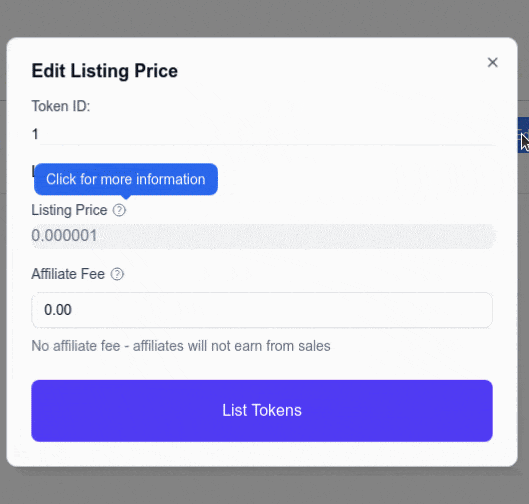 A gif showing how to change the price, payment token or affiliate fee of a listing