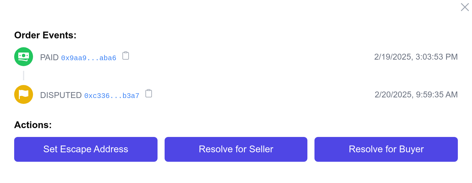 A screenshot of the order events and actions