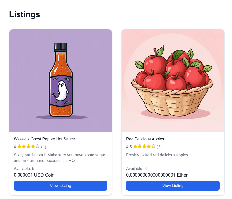 A screenshot of the listings on our demo storefront