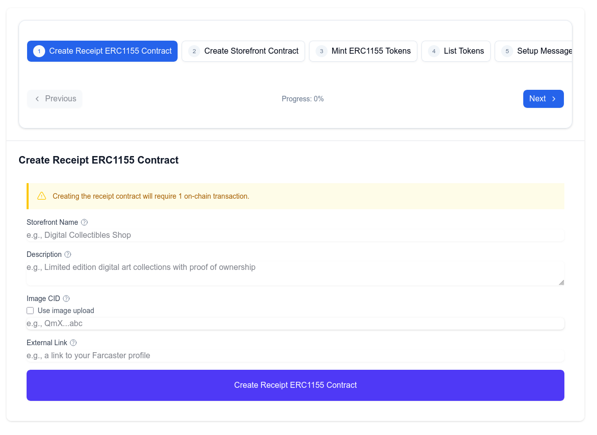 A screenshot of the first step of the storefront wizard