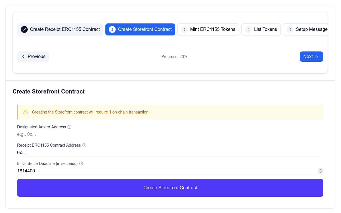 A screenshot of the second step of the storefront wizard
